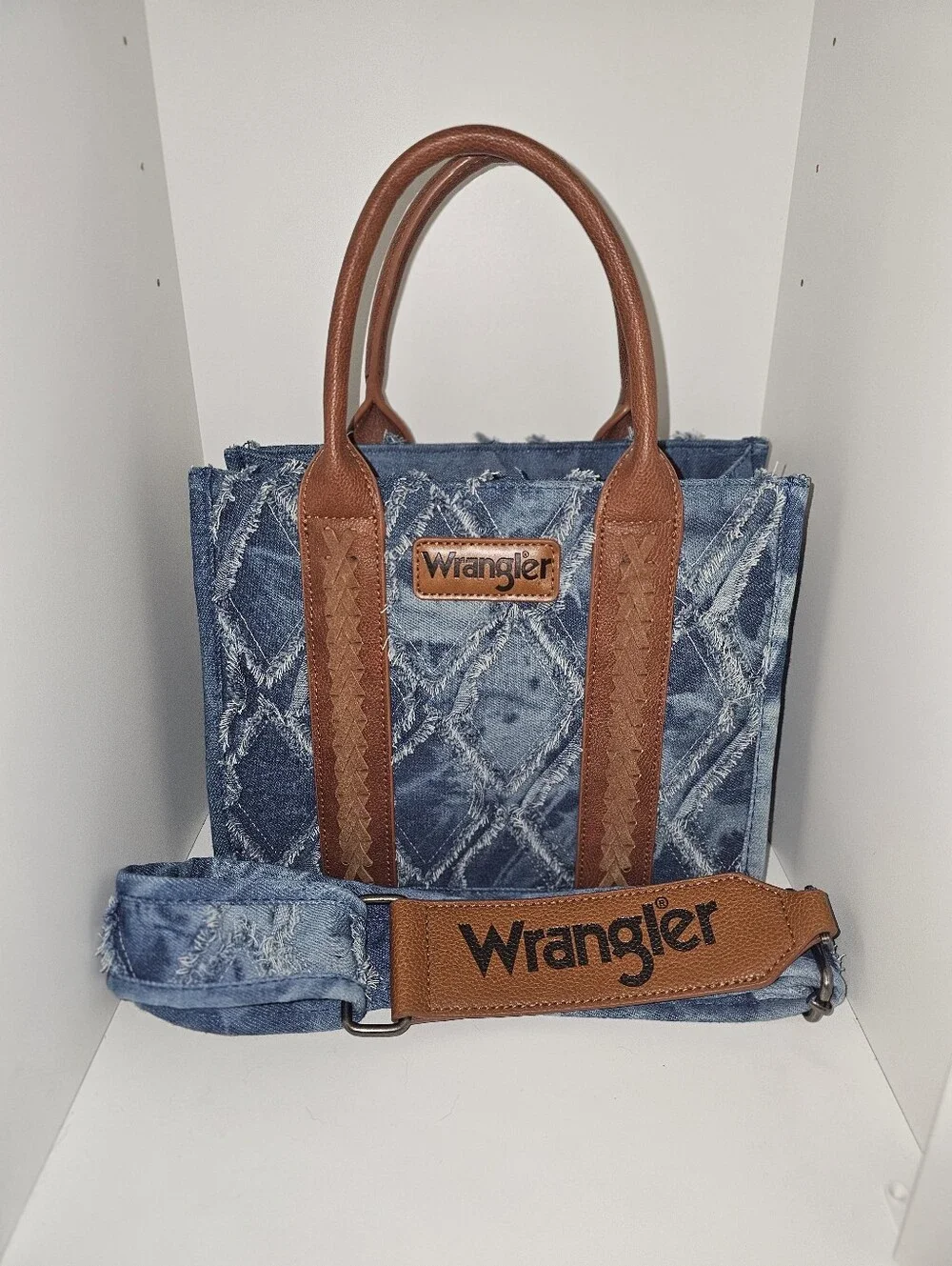 Wrangler Denim Tote with Brown Leather Handles and Strap